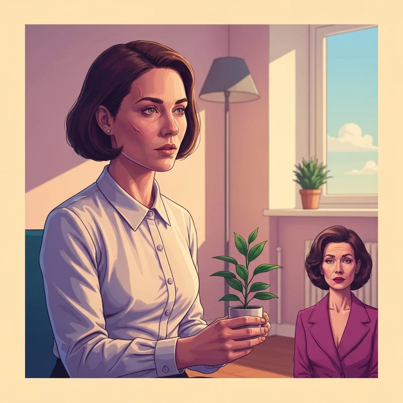 A woman with a resilient expression standing near a small green houseplant in a sunlit window, representing the eleanor is fine book themes.