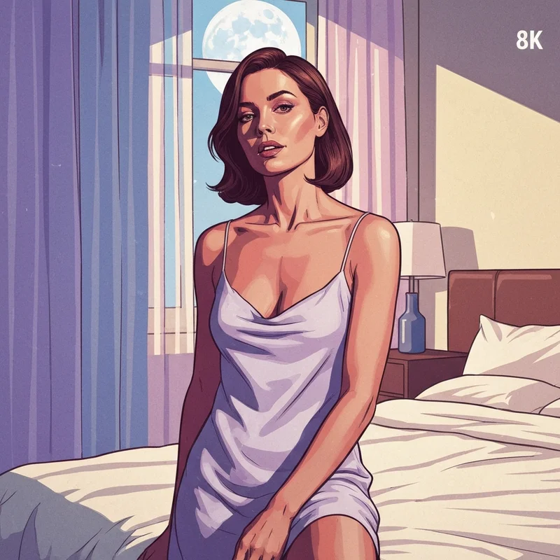 A high-end aesthetic photo of a woman in a moody, low-light setting showcasing a sexiy pic pose with silk textures.