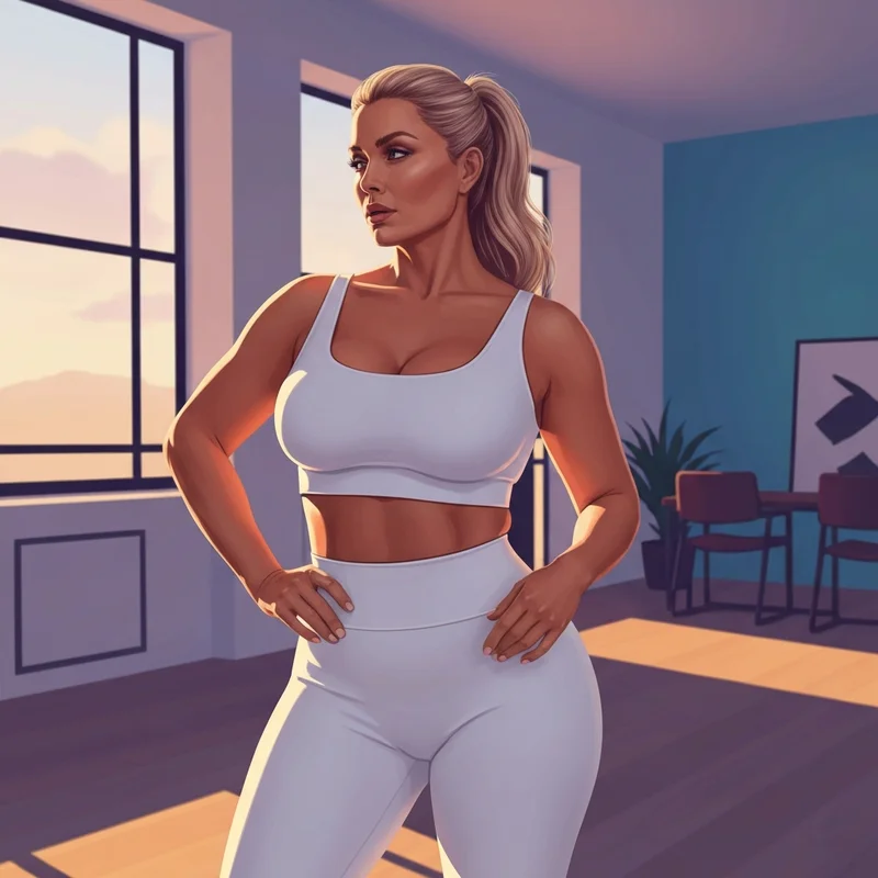 A woman showcasing the booty white aesthetic in high-waisted white athleisure during golden hour.