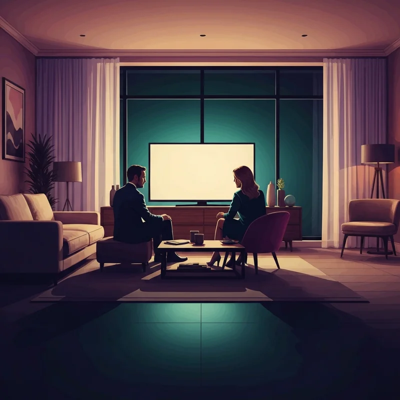 A cinematic and artistic depiction of a couple in a dimly lit, high-end living room watching a screen, emphasizing atmosphere and emotional tension, perfect for a cuckold movie guide.