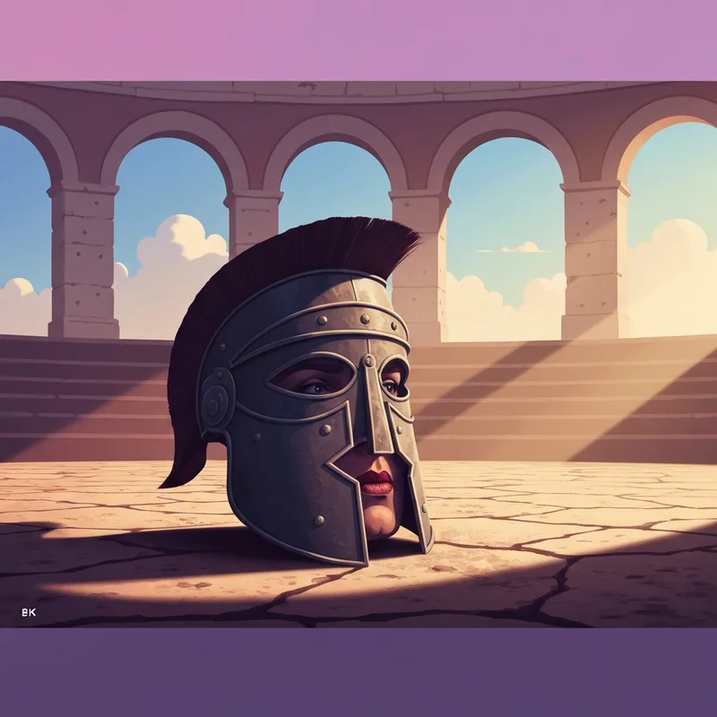 A cinematic representation of a Roman gladiator helmet resting on a marble floor, symbolizing the gladiator parents guide.