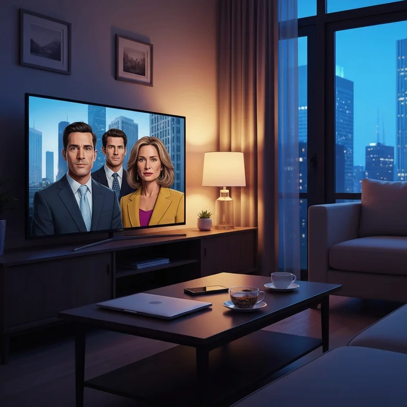 A cozy, modern living room at dusk with a sunday evening tv series playing on a large screen, featuring a couple in a dramatic urban setting.