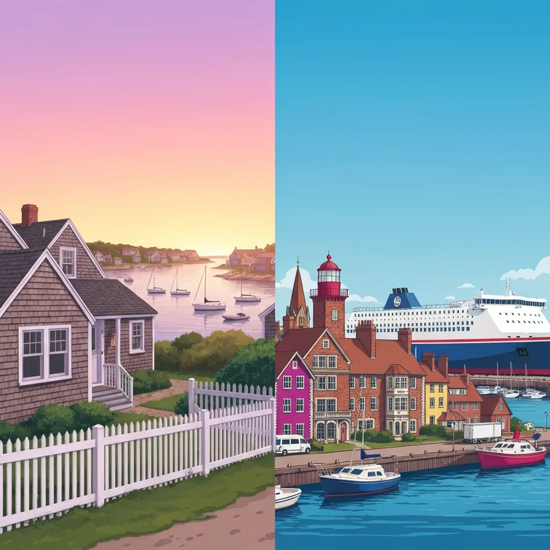 A side-by-side visual of Harwich, MA featuring a serene harbor with cedar-shingled houses and Harwich, UK showing a historic maritime port with large ferries, illustrating the keyword harwich.