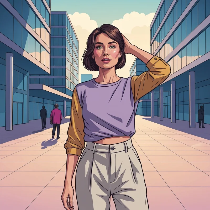 A stylish petite latina woman in a vibrant high-waisted outfit posing confidently in a sunlit urban setting.