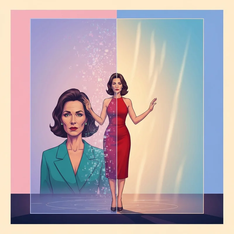 A symbolic digital truth filter showing the contrast between a blurred AI-generated silhouette and a clear, authentic woman's face representing the selena gomez naced search truth.