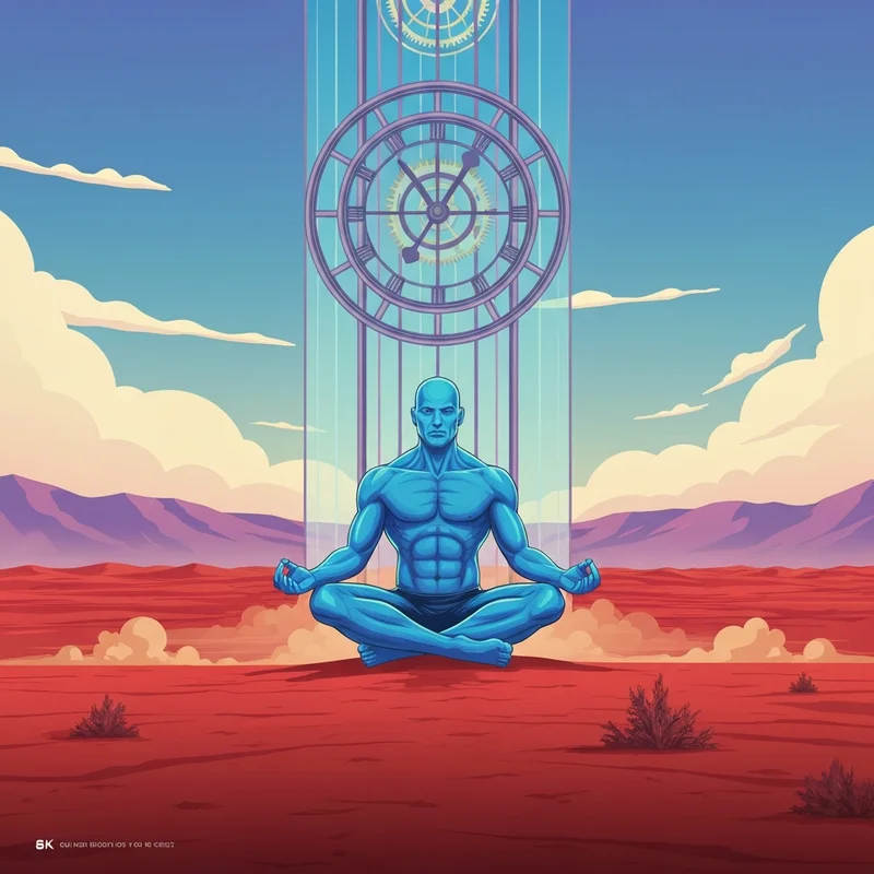 Cinematic portrayal of an atomic god Dr. Manhattan the movie with glowing blue skin on the surface of Mars.