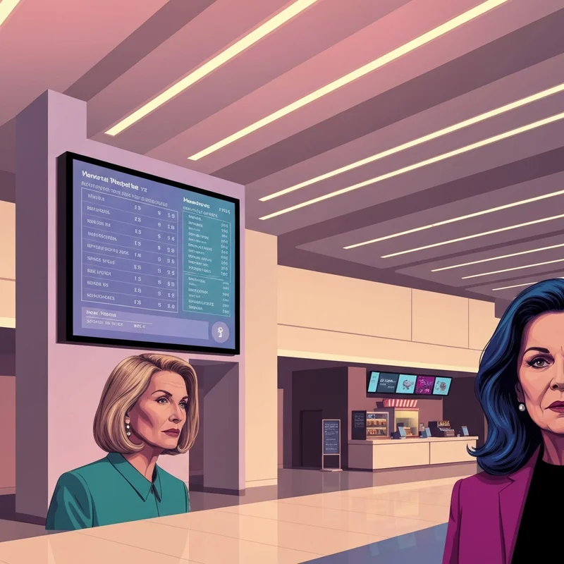 A cinematic view of a modern theater lobby with digital showtime displays for movie showtimes for regal.