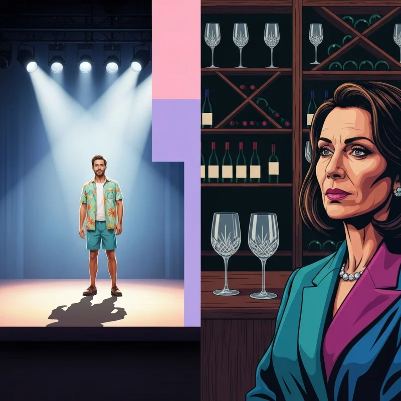 A sophisticated split-screen visual representing the career of Grant Reynolds, featuring theater stage lights and a refined wine cellar atmosphere.