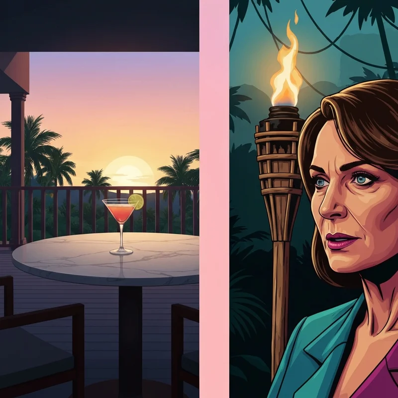 Cinematic conceptual portrait representing the dual world of Mike White movies and TV shows, blending luxury resort aesthetics with reality TV survival elements.