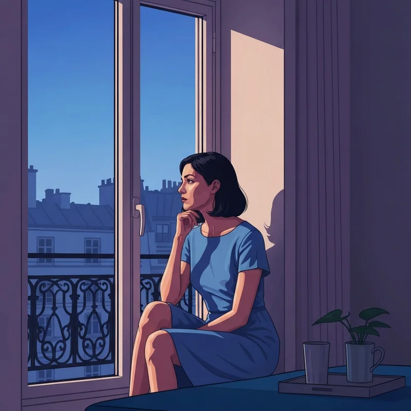 Cinematic still inspired by the french film young and beautiful featuring a pensive young woman in a Parisian setting.
