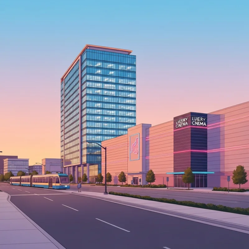 The iconic Jordan Commons office tower and Megaplex Theatres in Sandy, Utah, captured during a vibrant sunset with TRAX light rail in the foreground.