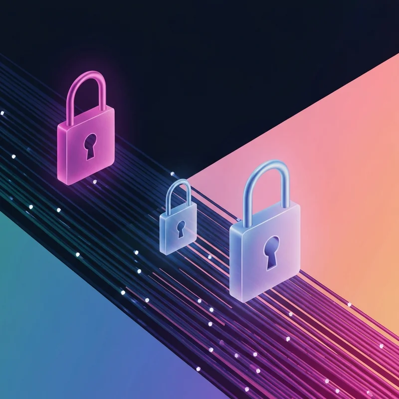 Abstract digital visualization for shemale videos safety and discovery guide showing glowing neon locks and data streams.