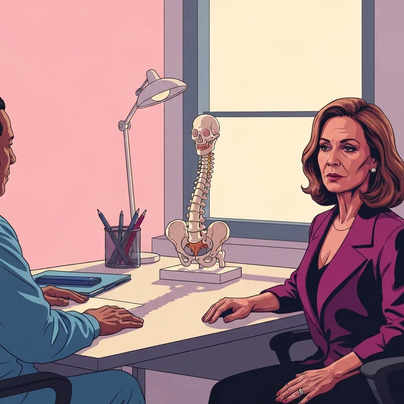 A clinical illustration of a woman standing with a focused posture, highlighting the spinal alignment and the medical reality of monster of boobs in a supportive medical setting.
