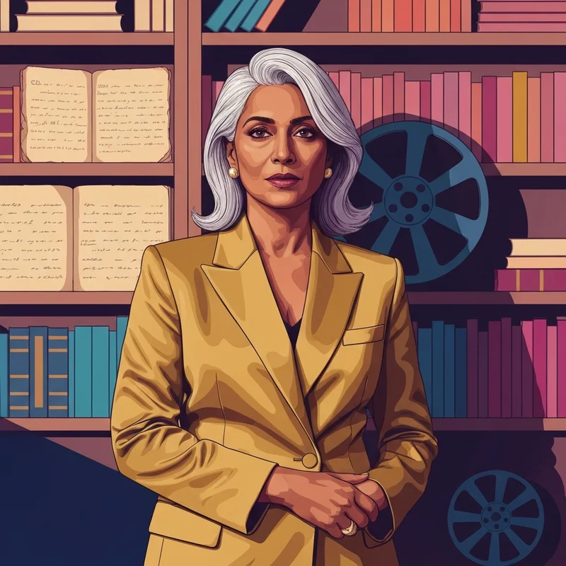 A sophisticated cinematic portrait representing the diverse roles in a sarita choudhury movie list, featuring symbols of indie drama, prestige TV, and global franchises.