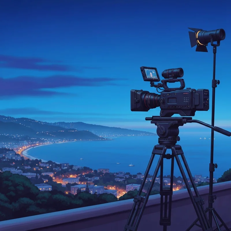 A cinematic twilight landscape representing blue filming techniques with a camera on a tripod.