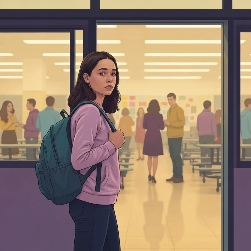 A thoughtful teenage girl standing in a sunlit school hallway, representing the themes of the movie surviving lunch.