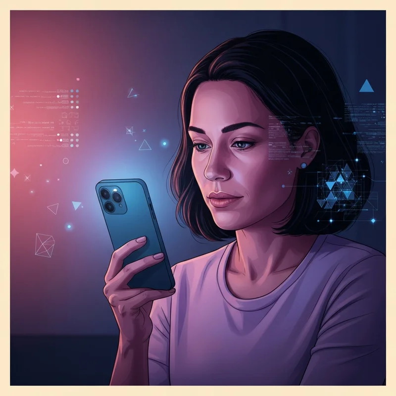 A young woman looking thoughtfully at a glowing smartphone screen, representing digital safety and miley cyrus sex tape media literacy.