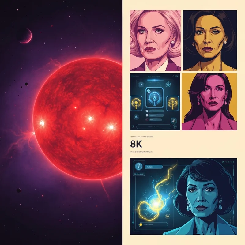 A celestial comparison showing UY Scuti alongside the Sun, transitioning into a digital trading card aesthetic with a blue and yellow color palette.