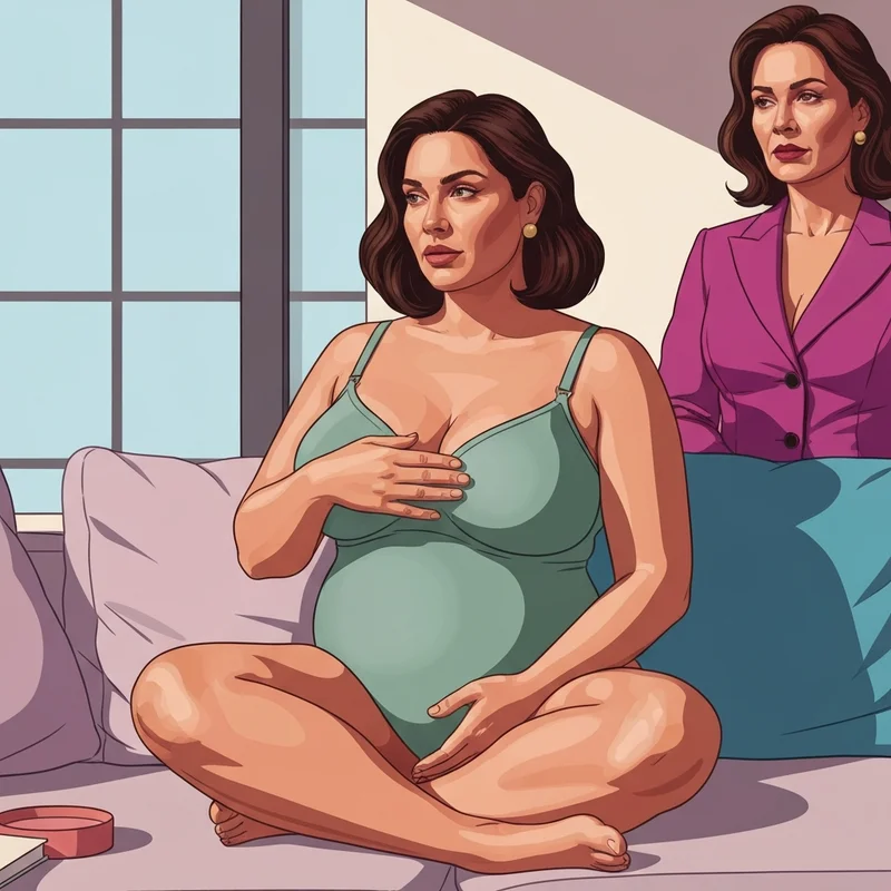 A supportive maternal figure wearing a high-quality nursing bra in a comfortable, sunlit room, illustrating the physical transition of big mommy boobies.