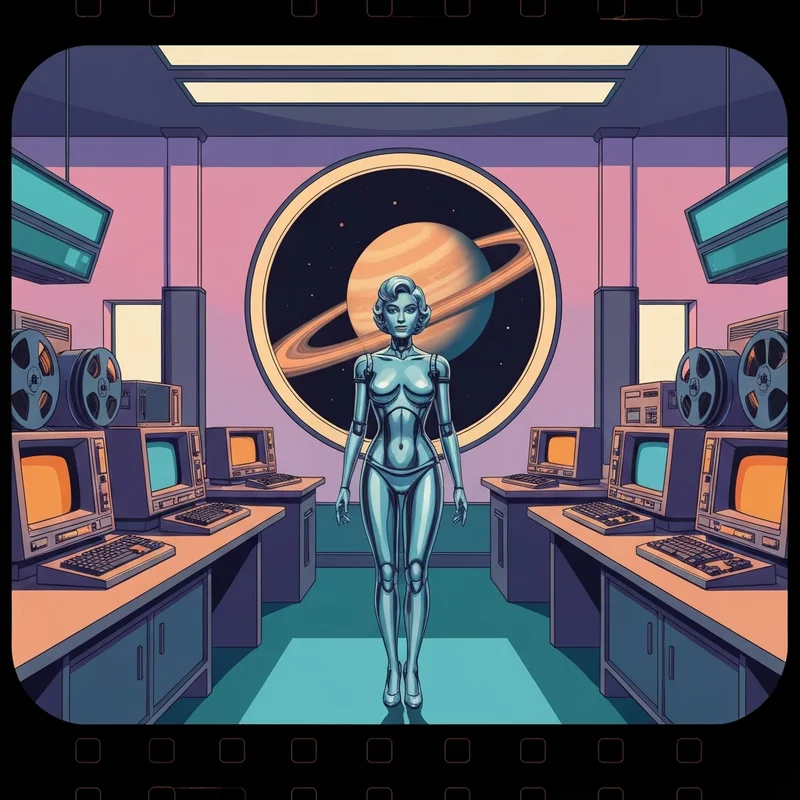 A cinematic collage of classic sci fi movies elements including a silver robot, a glowing space station, and a futuristic art deco city skyline.