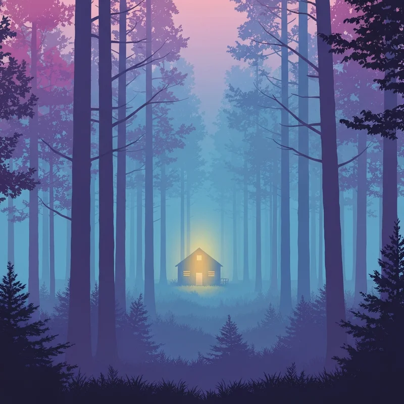 A dark, atmospheric forest setting with a single glowing light in the distance, representing the search for come in the night.