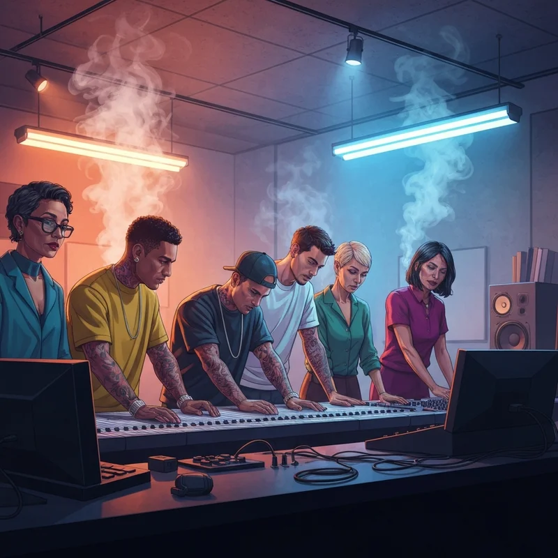 A diverse group of modern hip-hop artists performing on a city stage, highlighting the best white rapper evolution.