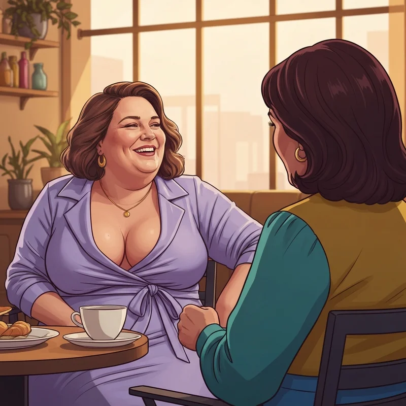 Two women in a sun-drenched cafe sharing a moment of body-positive connection, showcasing diverse queer aesthetics and inclusive fashion for big tits lesbian representation.