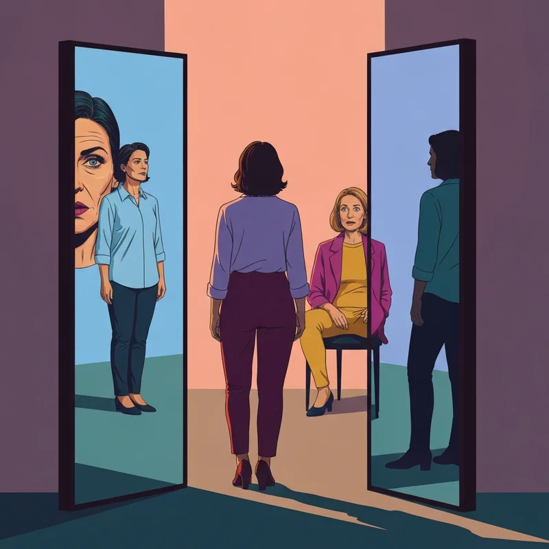 Cinematic visual of a person standing between two mirrors with multiple personality films theme.