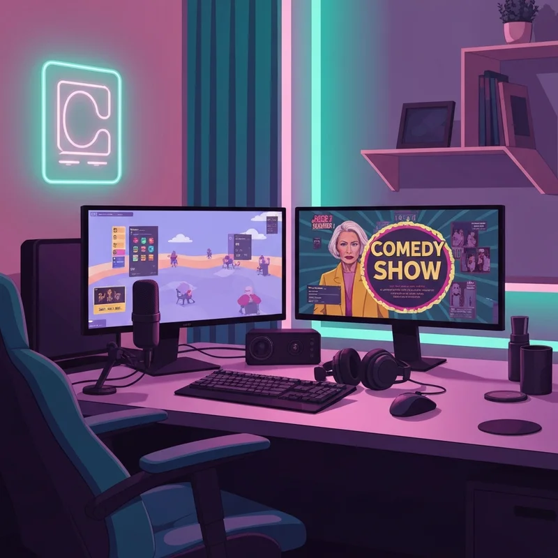 A modern digital workspace with multiple monitors showing gaming streams and viral quiz clips, representing the Rikki Sixx brand.