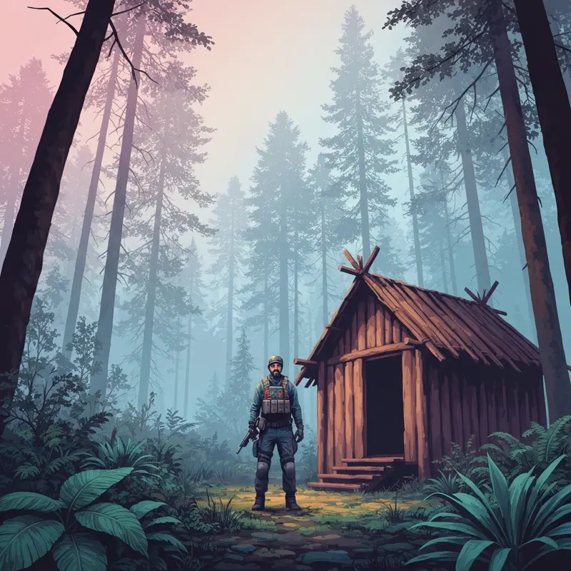 Atmospheric survival horror forest with a mysterious hooded figure holding a tactical axe, sons of the forest ps5 aesthetic.