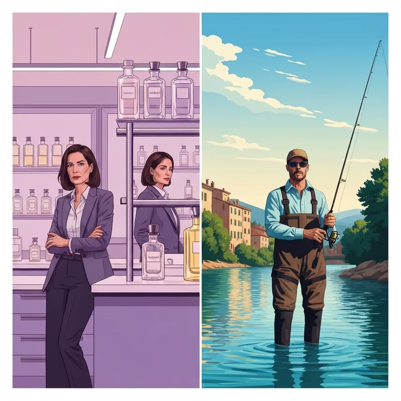 A professional digital identity map for Marie Jacob showing the fragrance industry executive and the fishing influencer.