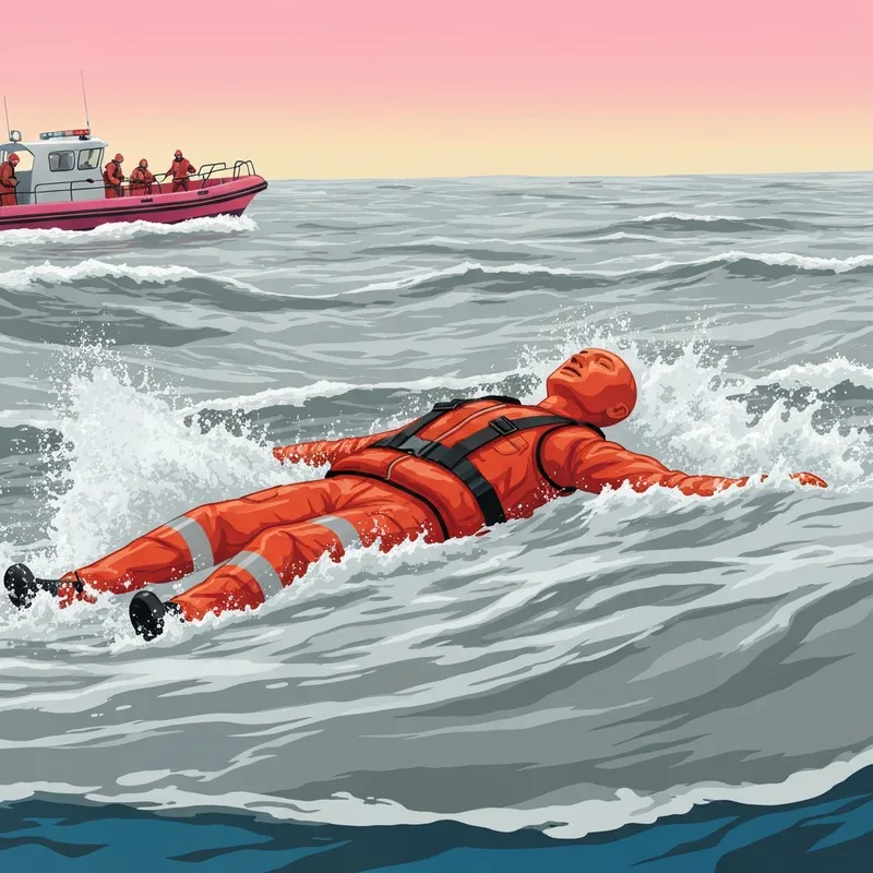 A high-visibility orange rescue manikin by Ruth Lee Ltd floating in a realistic water rescue training simulation