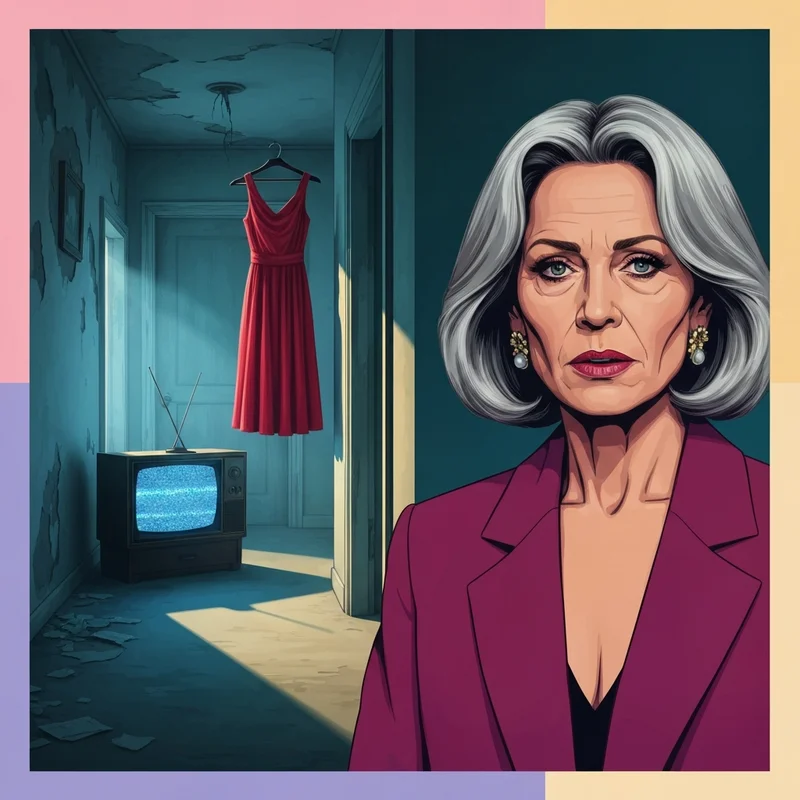 A symbolic cinematic representation of the rekviem po mechte themes showing a red dress fading into a dark spiral of violin strings.