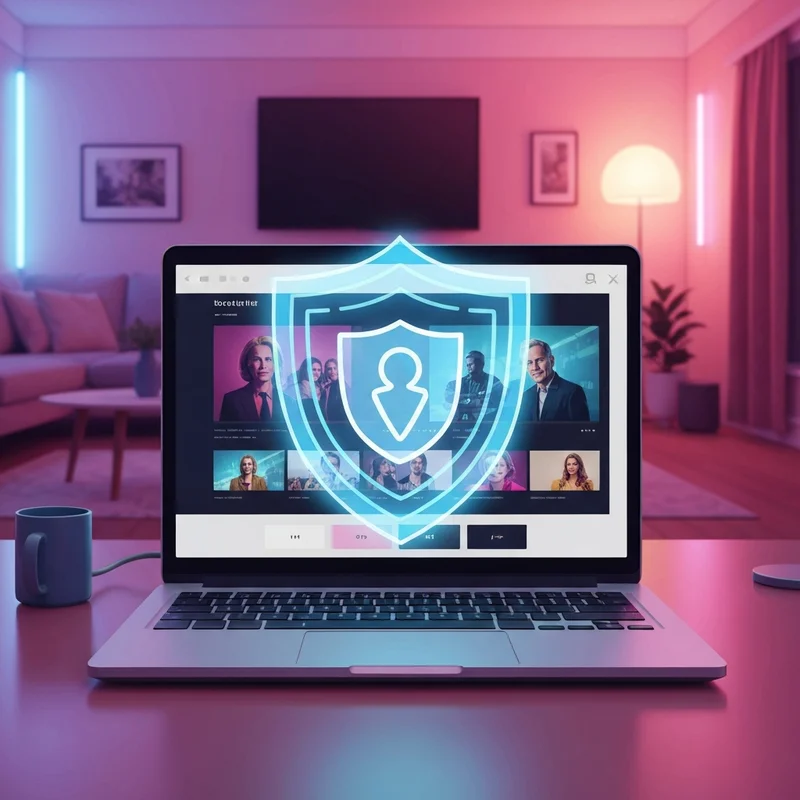 A cinematic high-tech digital shield protecting a laptop screen showing a movie interface, representing safe solarmovies streaming.