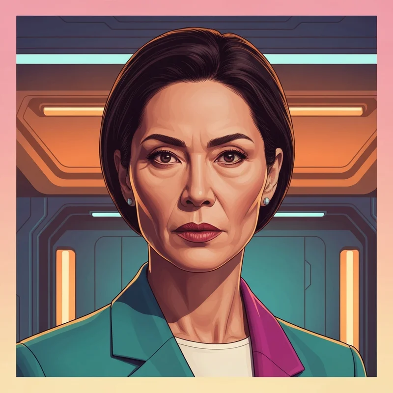 Sandra Yi Sencindiver as a sophisticated sci-fi character in a futuristic setting, showcasing her intense and calm presence.