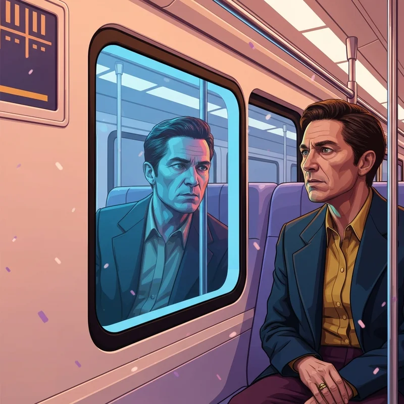 Escena cinematográfica de 8 minutos antes de morir con un hombre en un tren futurista