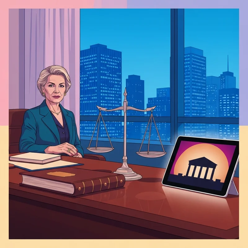 A sleek, modern desk with a law book, a gavel, and a high-end laptop displaying a courtroom scene for lawyer shows.