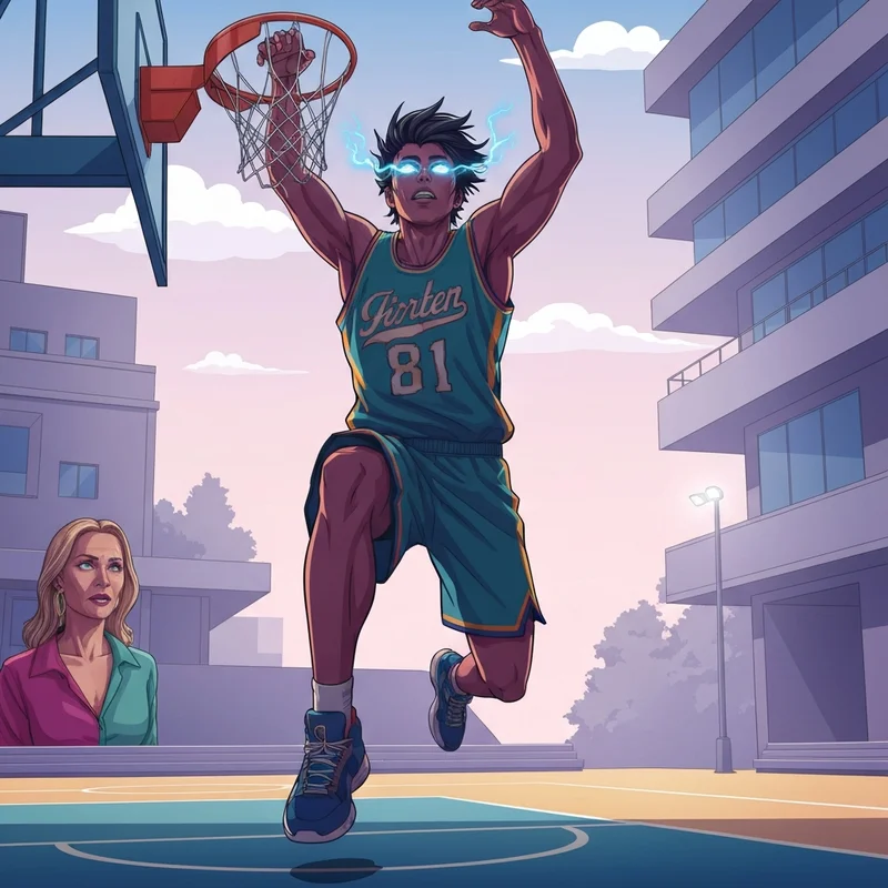A cinematic, high-energy illustration of a basketball player entering the 'flow state' on a vibrant court, representing anime sports basketball.
