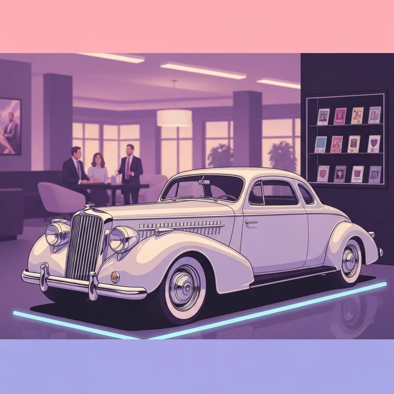 A vintage 1938 LaSalle 38-50 automobile parked in front of a modern social hub for professional dating and collectible exchanges, representing the 38/50 lifestyle.