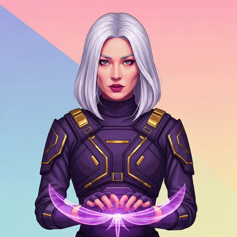 A woman in a high-accuracy rumi costume featuring a purple tactical jacket and gold tassel