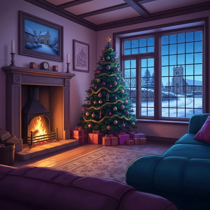 A cozy British living room with a view of a snowy Yorkshire village, representing the warmth of A Very British Christmas.