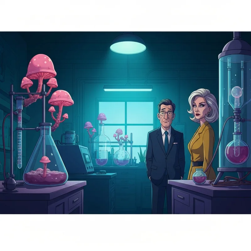 The animated voice cast of common side effects featuring stylized character silhouettes and fungal motifs.