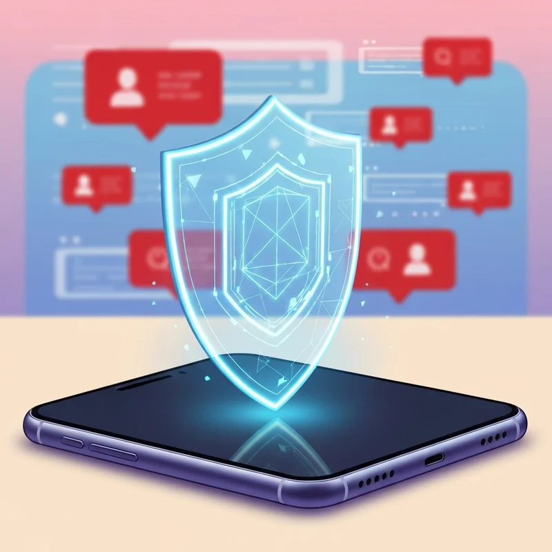 A high-tech digital shield protecting a smartphone screen from red alert icons and viral trend symbols, emphasizing the pinay sx scandal privacy context.