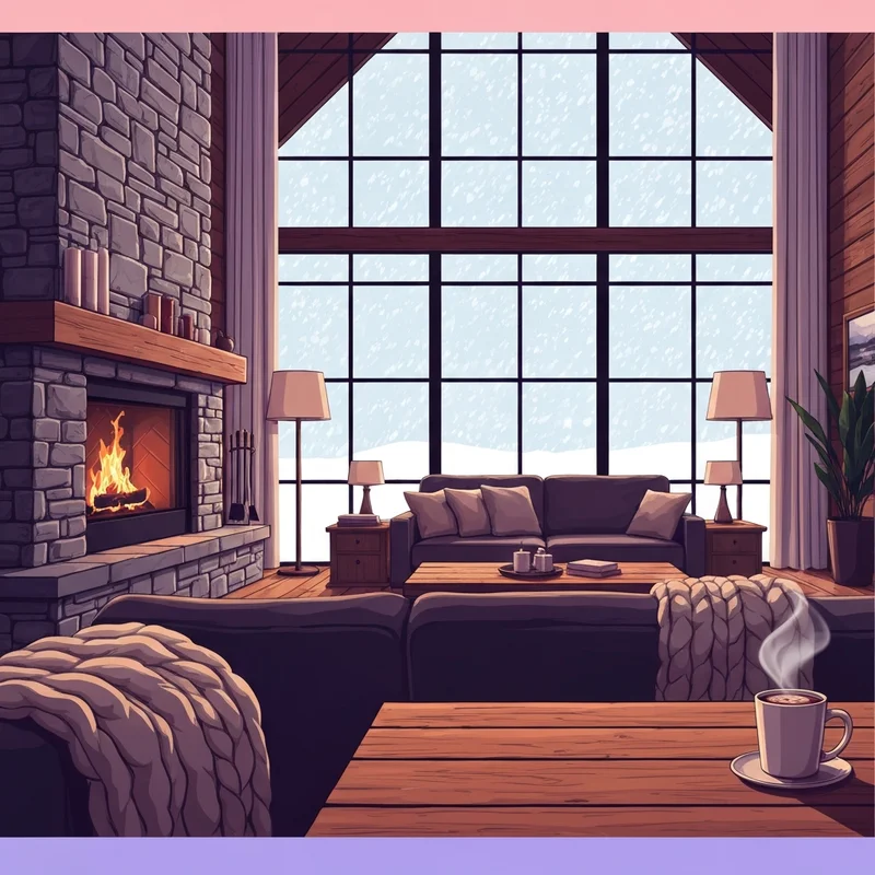 A cozy winter cabin interior with a blizzard outside the window, illustrating the great christmas snow-in 2025.