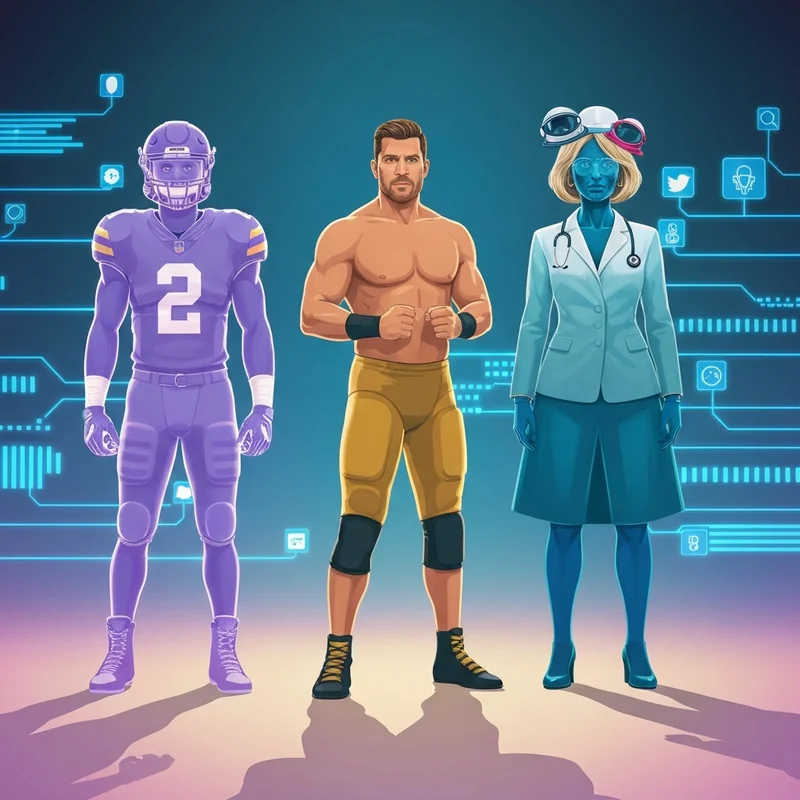 A conceptual digital disambiguation graphic showing johni sims with icons for football, wrestling, and viral social media reels.