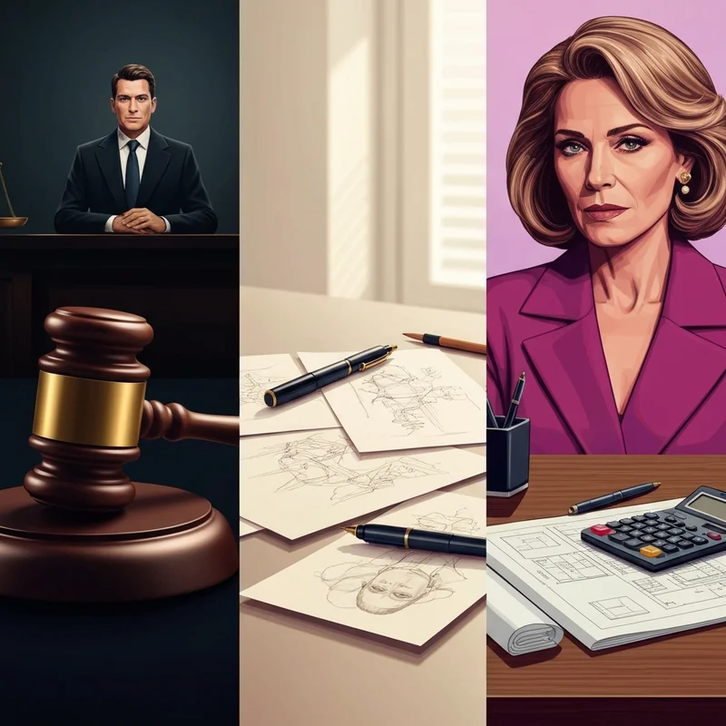 A conceptual disambiguation graphic for Peter Scully, featuring a courtroom gavel, an artist's sketchbook, and architectural blueprints.