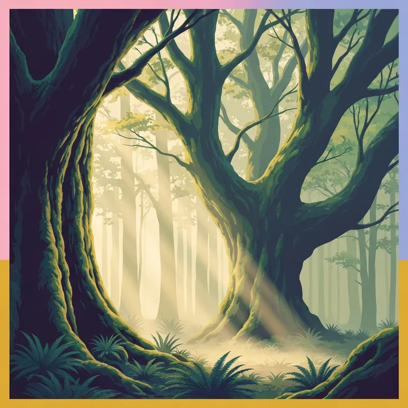 A breathtaking view of a dense virgin forest with ancient mossy trees and sunbeams.