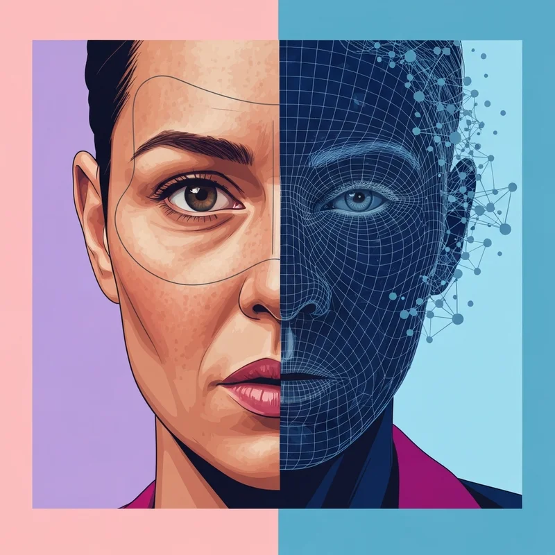 A symbolic representation of masks and faces showing a split-screen effect of a human face and a digital identity mesh.