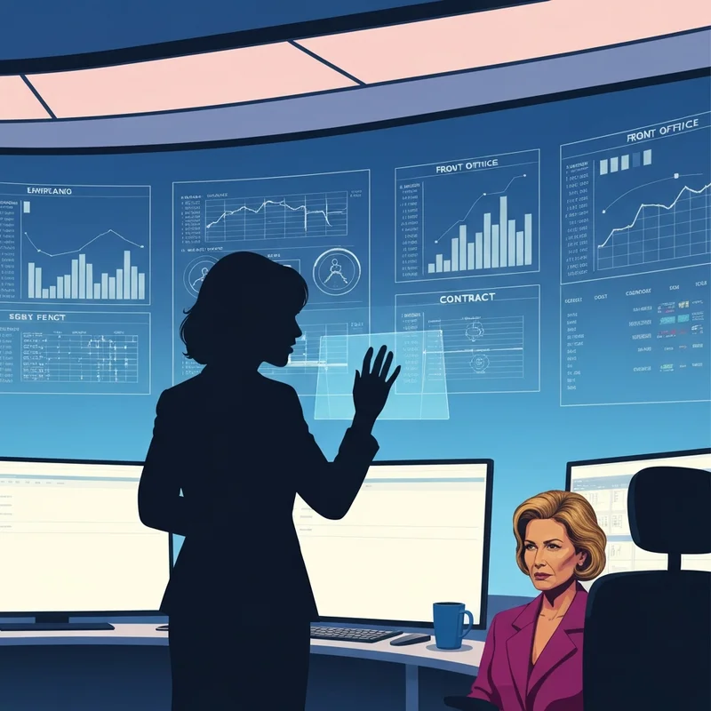 Strategic digital illustration of a baseball executive looking at a glowing data screen with the keyword jay tucker and team logos.