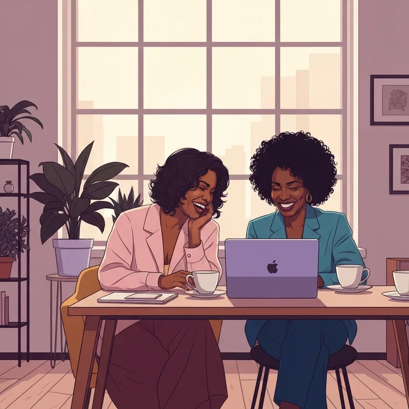 Two Black women sharing a moment of joyful connection in a modern sun-drenched space, representing ebony lesbians and community belonging.